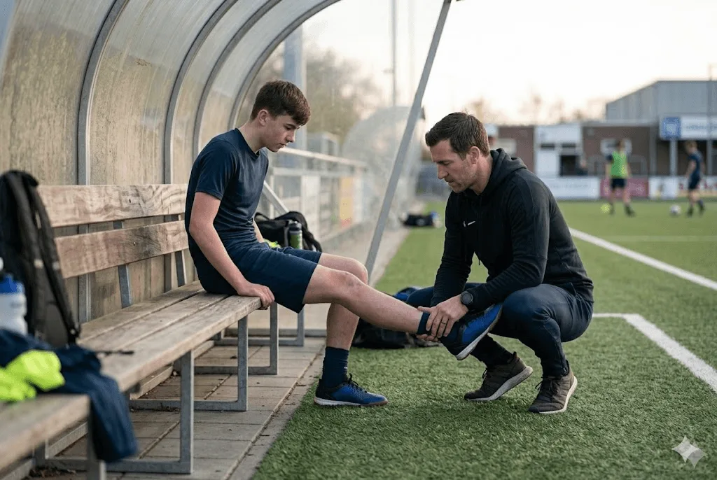 Coach voert een mobiliteitscheck uit op de knie van een sporter