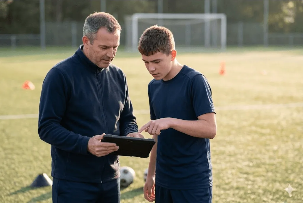 Speler en clubtrainer naast elkaar bij het veld, samen kijkend naar een tablet