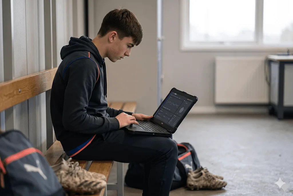 Sporter bekijkt zijn eigen dossier op een laptop na de training