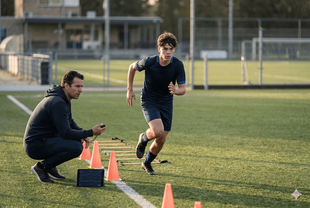 Coach klokt een sprint-test af op het veld bij een hermeting