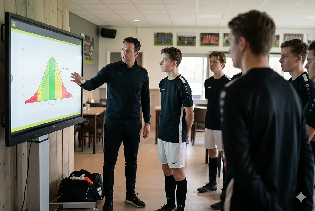 Coach laat een speler de norm-vergelijking op een tablet zien na de training