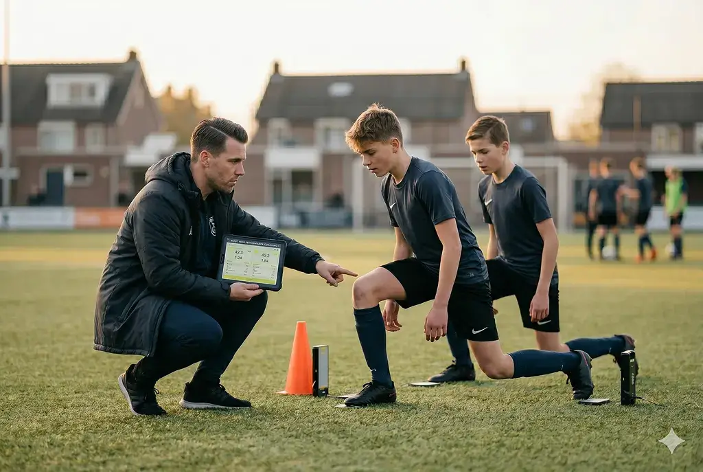 Coach registreert een countermovement-jump-meting op een tablet langs het veld