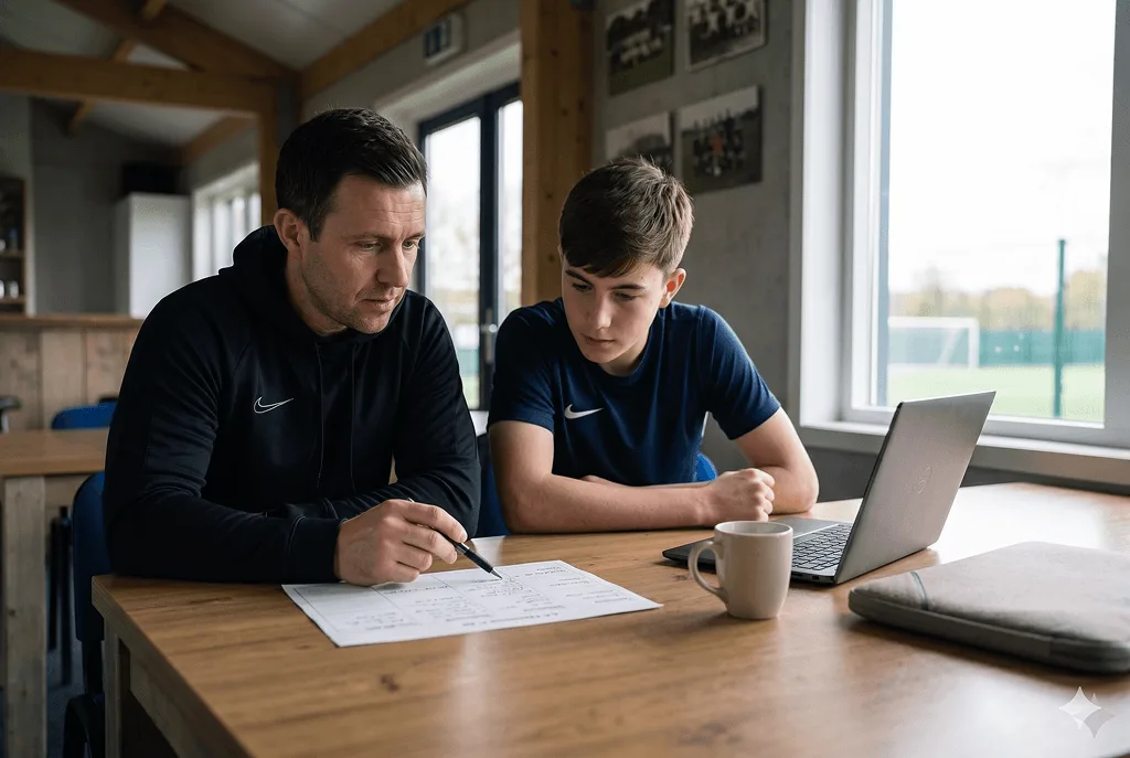 Coach bespreekt een persoonlijk trainingsplan met een sporter aan tafel