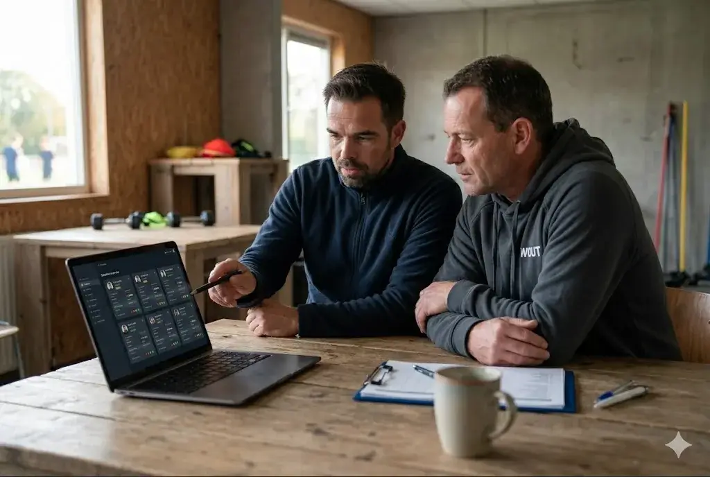 Twee coaches bespreken een rapportage-dashboard op een laptop in het clubhuis
