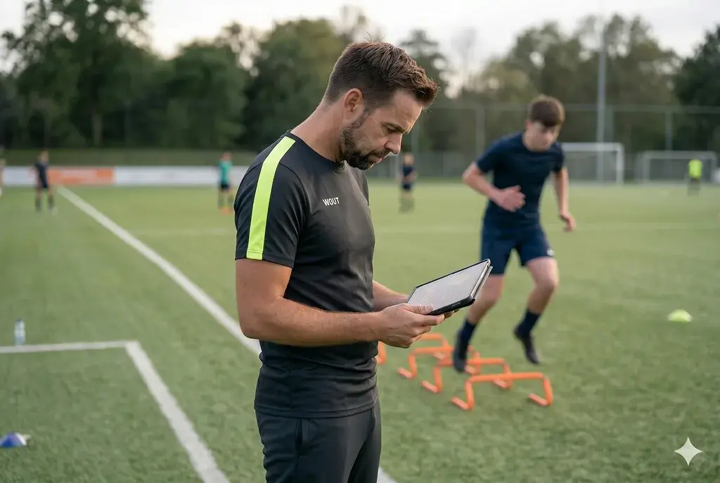Coach bestudeert risico-signalen op tablet aan de zijlijn terwijl een speler op de achtergrond oefent