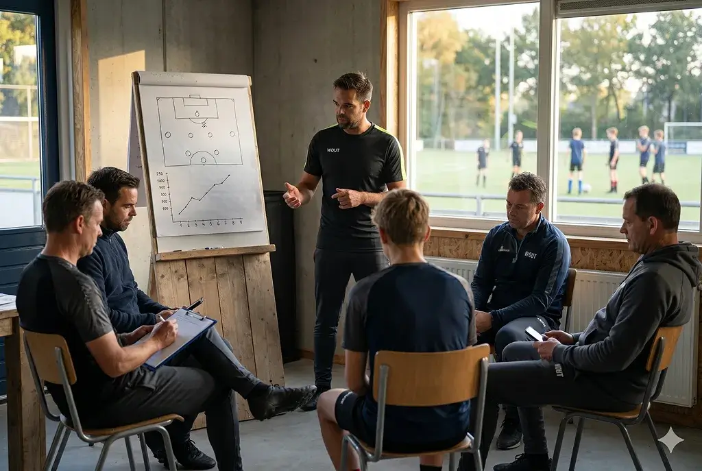 Wouter geeft een workshop aan een groep trainers in het clubhuis bij een flipover